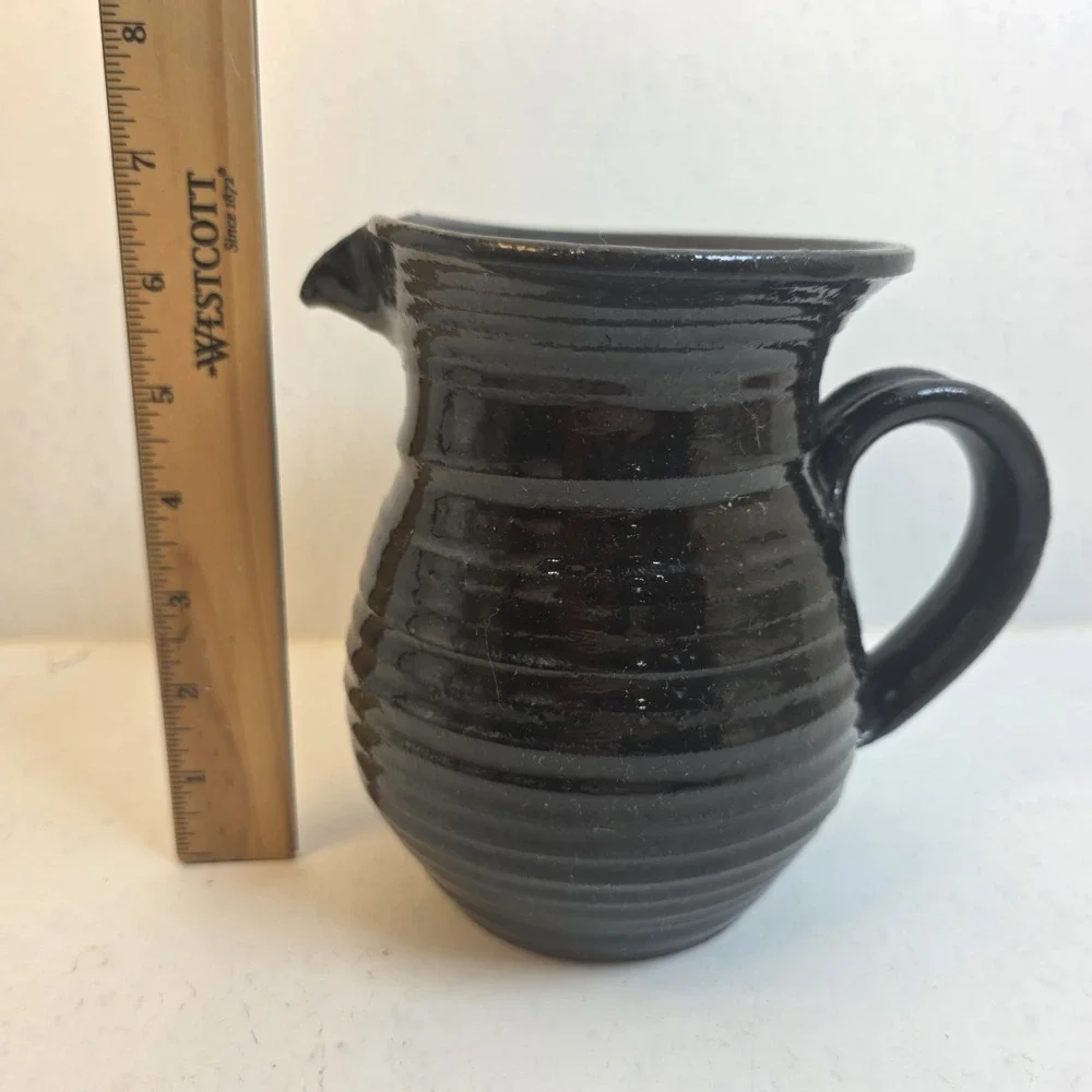 Vintage Studio Pottery Black Glazed Stoneware Pitcher‎ Ribbed Handcrafted Jug